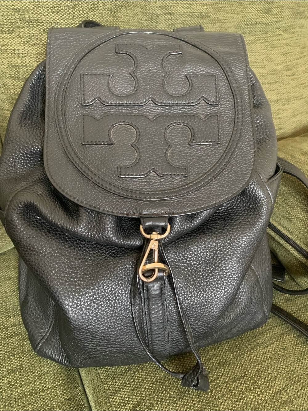 Tory Burch Black Pebbled Leather Logo Drawstring Backpack